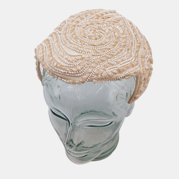 Amy New York Cocktail Cap Fascinator Hat Beaded w/ Pearl Cream White Headdress - Picture 1 of 14